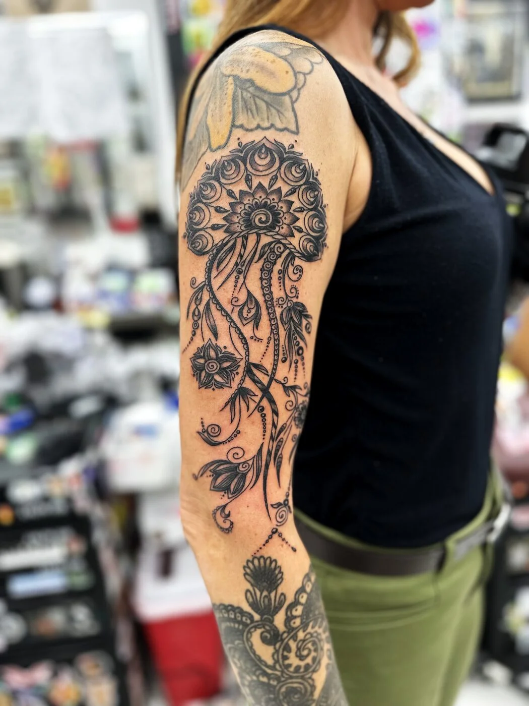 Black & Grey mandala jellyfish with vines tattoo on shoulder by 2bit (Chris Curren) at Lost at Sea Tattoo, Chinatown, Honolulu Black & Grey mandala jellyfish with vines tattoo on shoulder by 2bit (Chris Curren) at Lost at Sea Tattoo, Chinatown, Honolulu