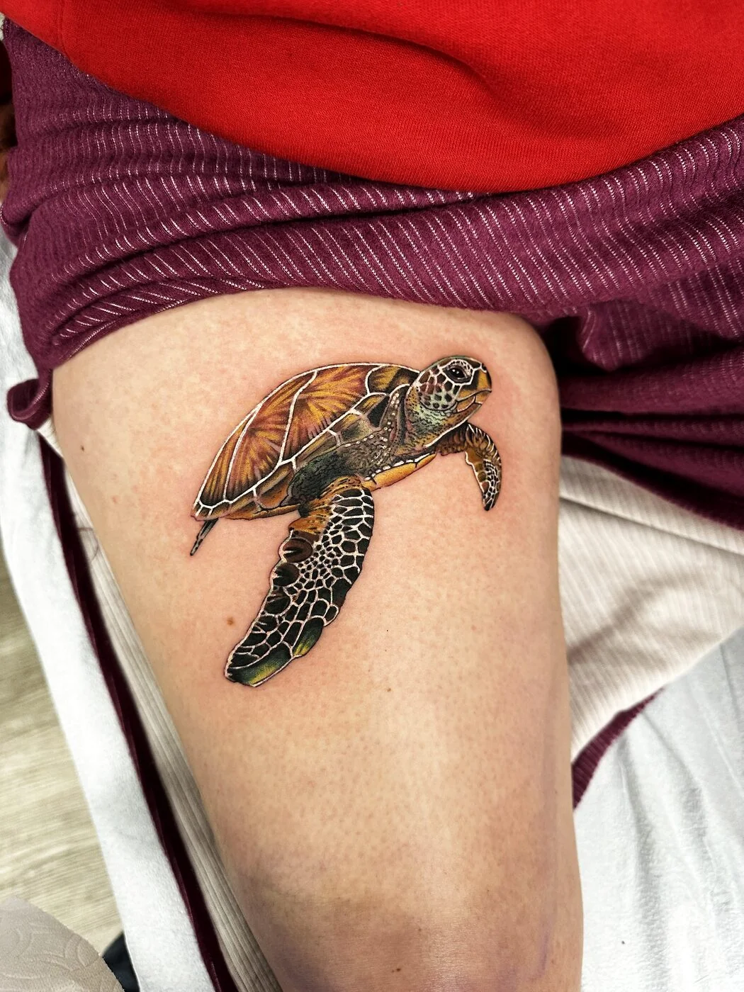 Color Realism realistic green sea turtle tattoo on thigh by 2bit (Chris Curren) at Lost at Sea Tattoo, Chinatown, Honolulu Color Realism realistic green sea turtle tattoo on thigh by 2bit (Chris Curren) at Lost at Sea Tattoo, Chinatown, Honolulu