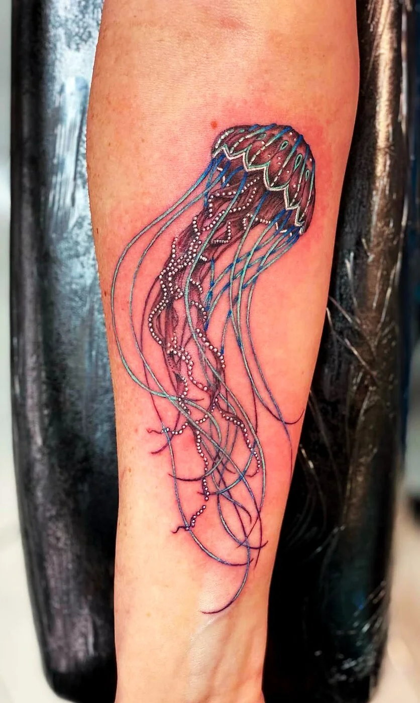 Color Realism detailed jellyfish with long tentacles tattoo on forearm by 2bit (Chris Curren) at Lost at Sea Tattoo, Chinatown, Honolulu Color Realism detailed jellyfish with long tentacles tattoo on forearm by 2bit (Chris Curren) at Lost at Sea Tattoo, Chinatown, Honolulu
